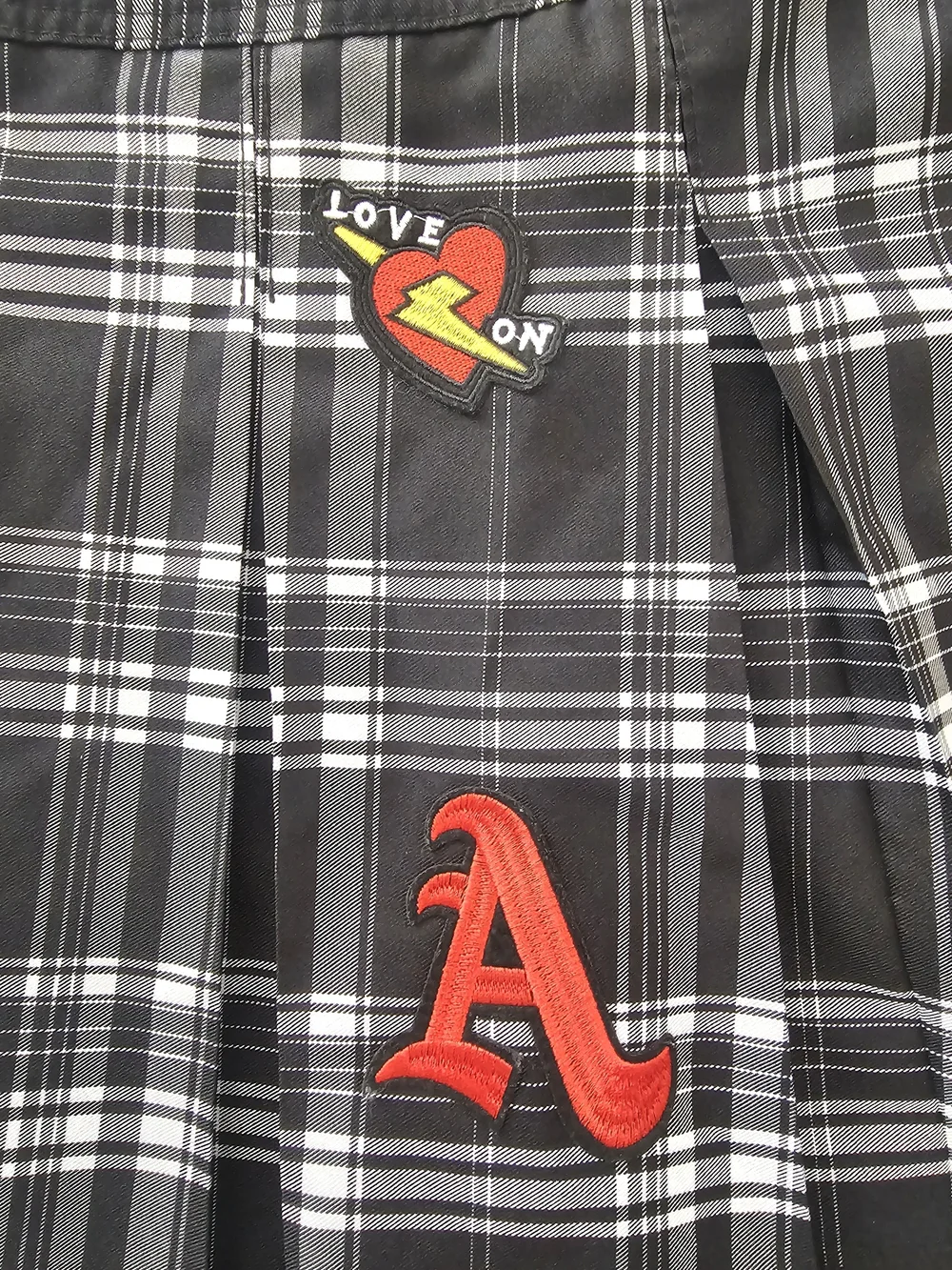 Love Black & White Plaid Pleated Skirt with Red Heart/Patches